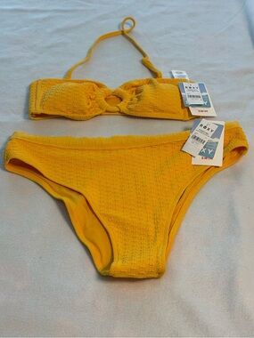 Roxy Yellow Textured Bandeau Bikini with Ring Accent. Top Medium/Bottom L